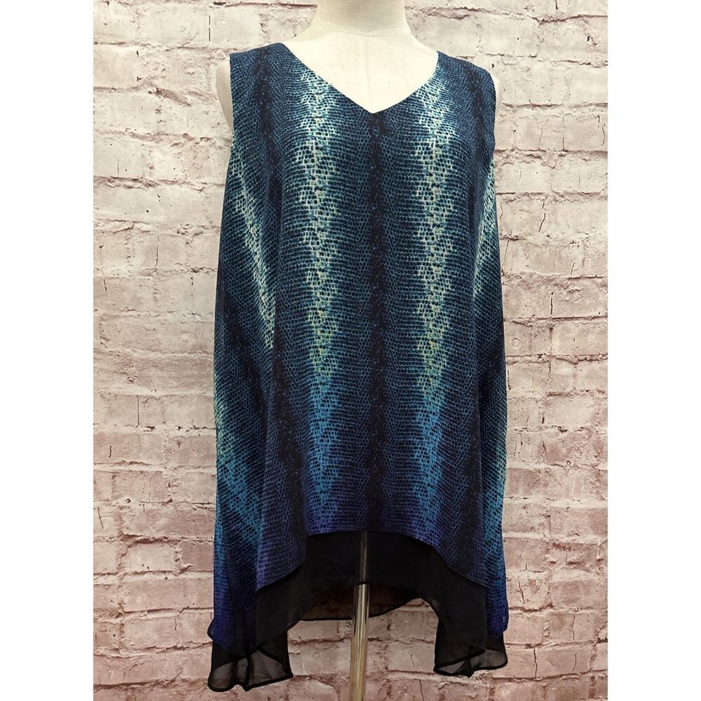Worthington Womens XL Tunic Sleeveless Blouse V- Neck Asymmetric Hem Snakeskin